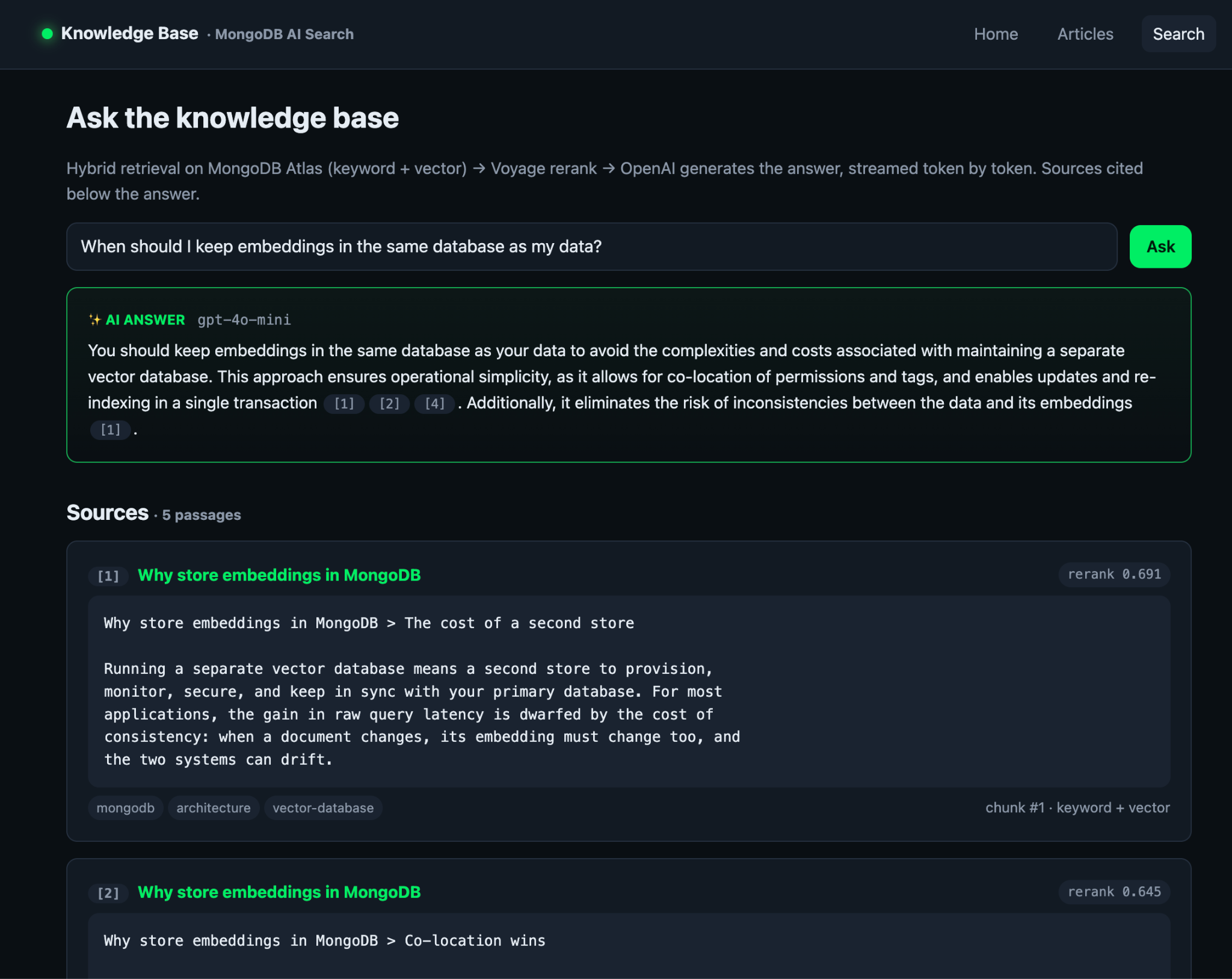 The AI answer card with inline numbered citations linking to the source passages retrieved from MongoDB