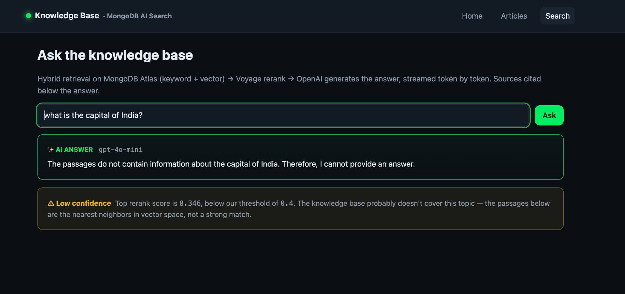 Low-confidence banner shown when the top reranker score falls below the relevance threshold